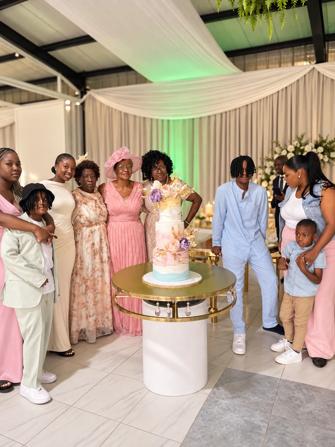 Family gathering around the celebration cake